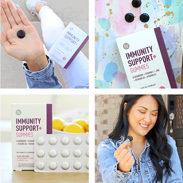 Image of Neora’s NEW Immunity Support+ Gummies in various settings shown in four photos: living room on top of a coffee table, holding the gummy on a hand outside, on top of a notebook